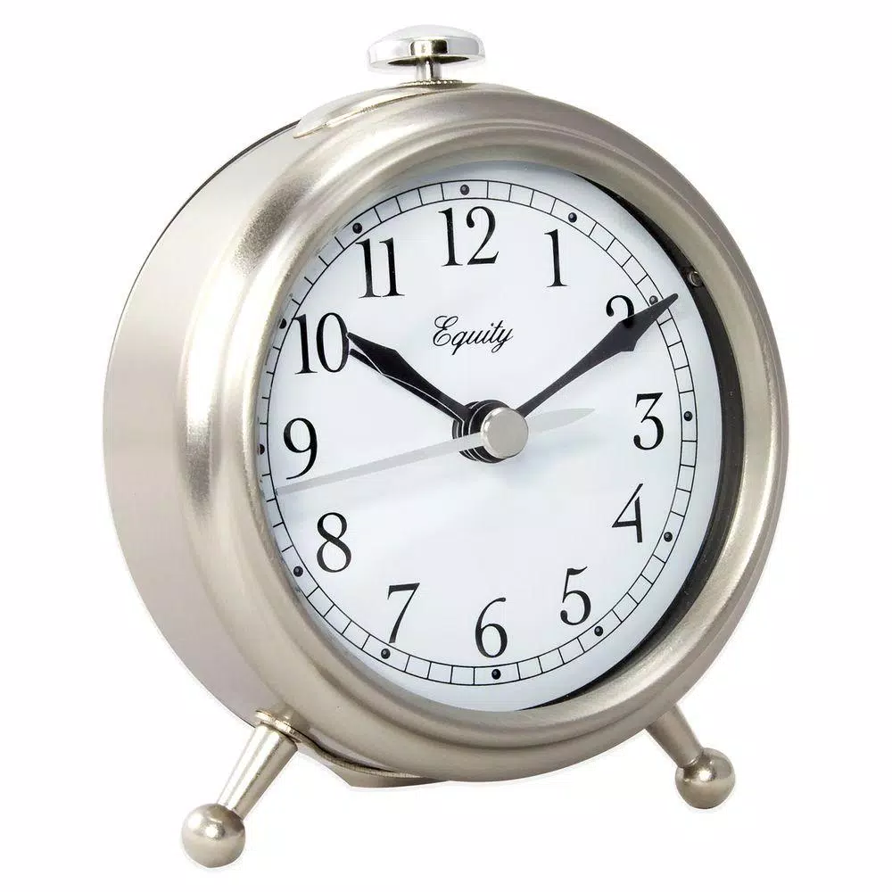 Equity by La Crosse Small 3 in. Metal Quartz Analog Alarm Table Clock with Lighted Dial - Silver