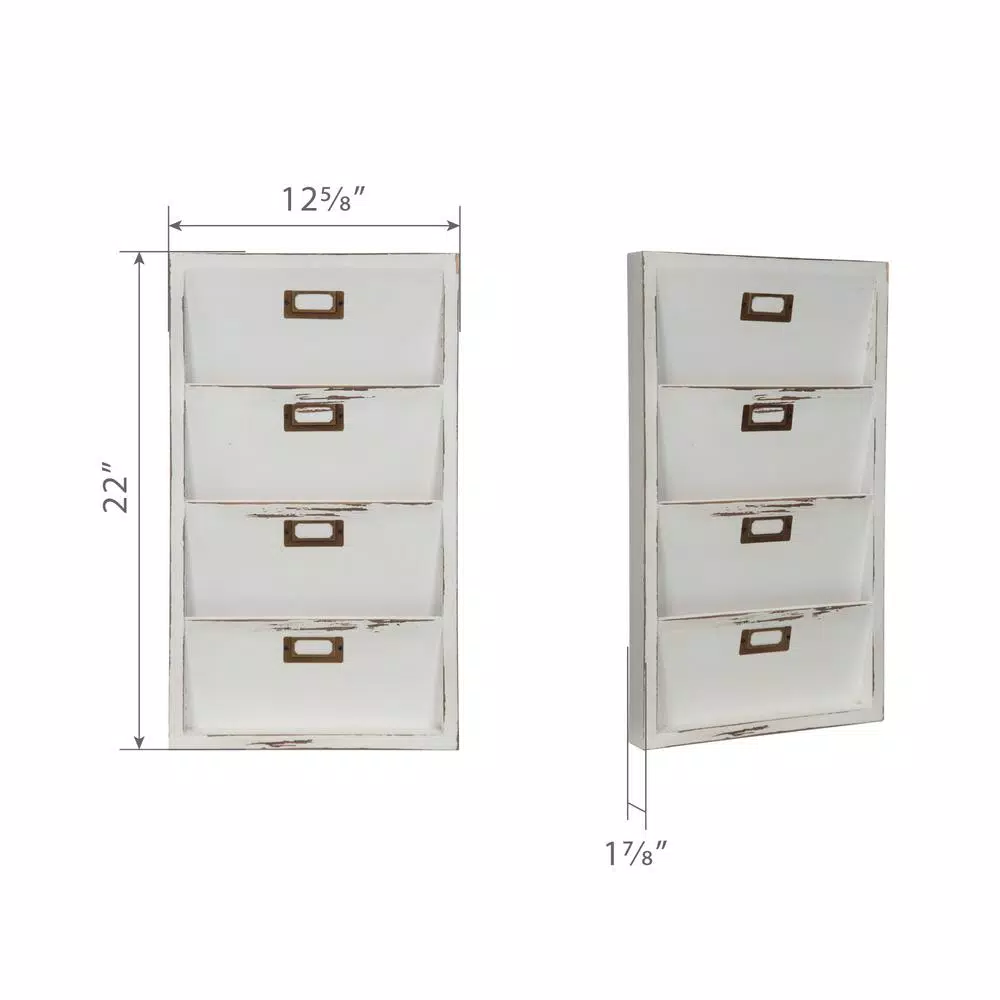 Pinnacle Distressed White Wood Wall Mail Organizer & Letter Bin with 4 Pockets