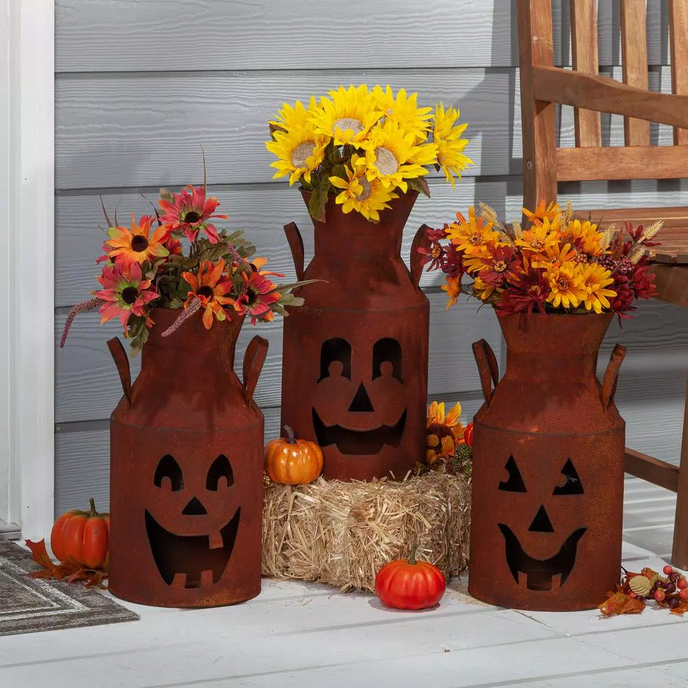 Gerson Rustic Metal Jack-O-Lantern Milk Can Luminaries, Set of 3