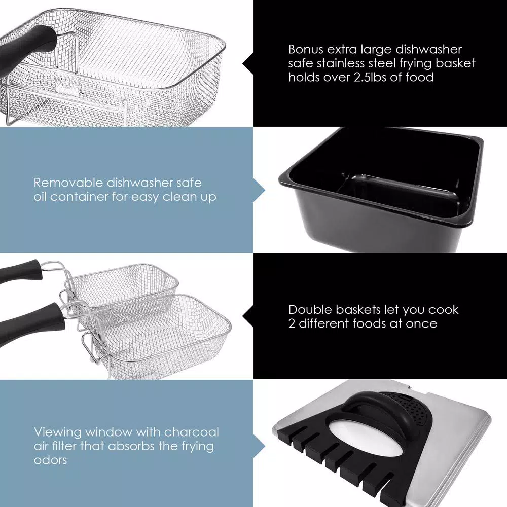 Elite 4 Qt. Dual Basket Deep Fryer with Extra-Large Bonus Basket, Brushed Stainless Steel, 1700W