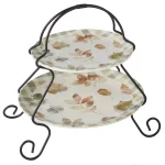 Certified International Woodland Walk 2-Tier Grey and Sepia Ceramic Server Stand thumbnail 1