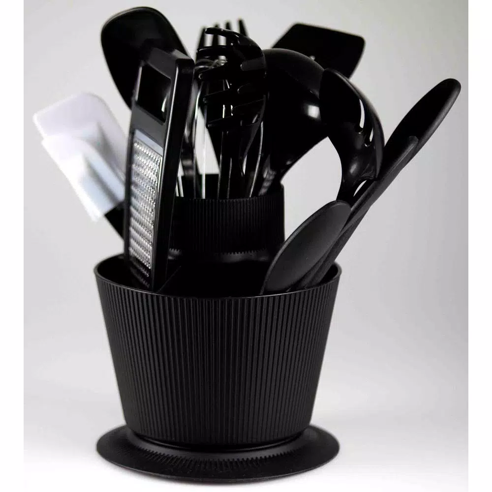 Home Basics 14-Piece Kitchen Tool Set with Revolving Storage Crock, Black