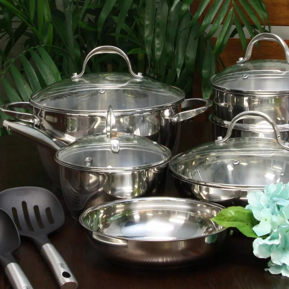 Oster Ridgewell 13-Piece Stainless Steel Cookware Set with Tempered-Glass Lids and Utensils