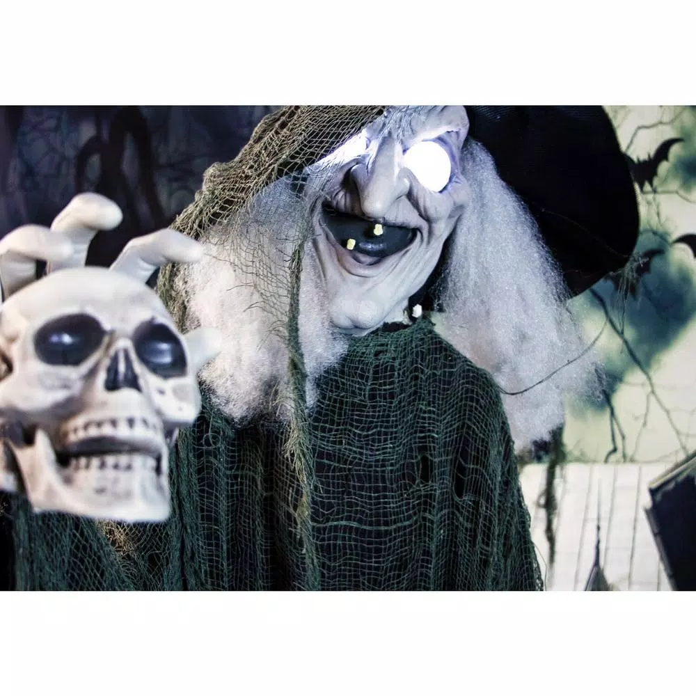 Haunted Hill Farm 6 ft. Animatronic Talking Witch Halloween Prop with Shrunken Skull