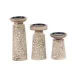 LITTON LANE Rustic Mango Wood and Iron Candle Holder Set of 3 with Floral Carvings thumbnail 4