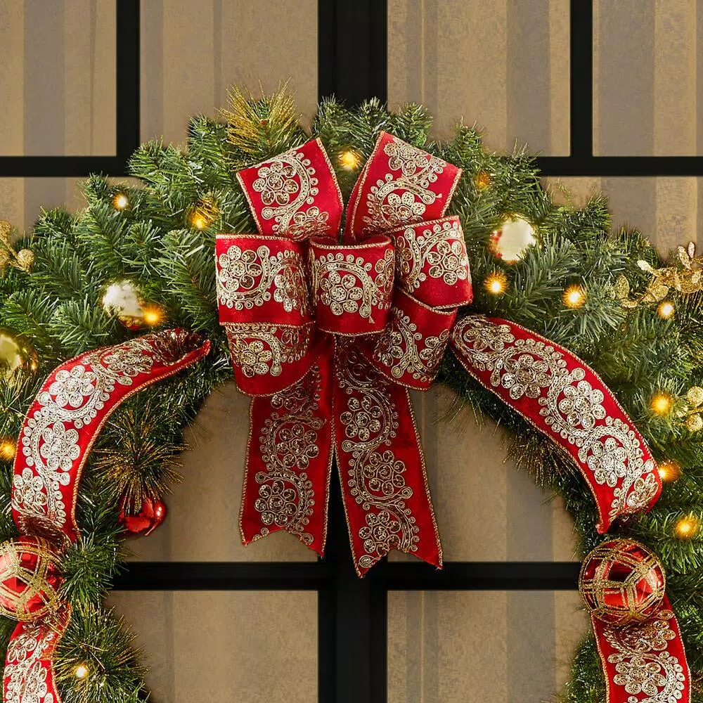 Home Accents Holiday 36 in. Royal Easton Pre-Lit LED Artificial Christmas Wreath with Gold Ornaments and Ribbon