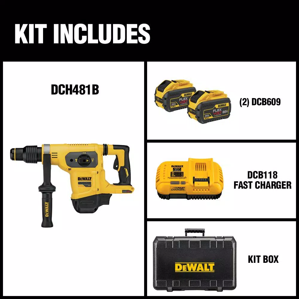 DEWALT DCH481X2 60V MAX FLEXVOLT SDS-Max Rotary Hammer Kit with (2) 9.0Ah Batteries