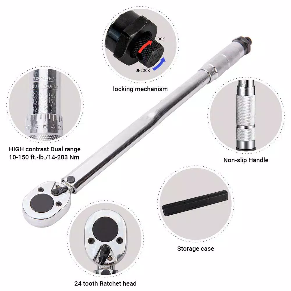 Unbranded COPE 1/2 in. Drive Click Torque Wrench, 10-150 ft.-lb., Flex-Head All-Steel Construction