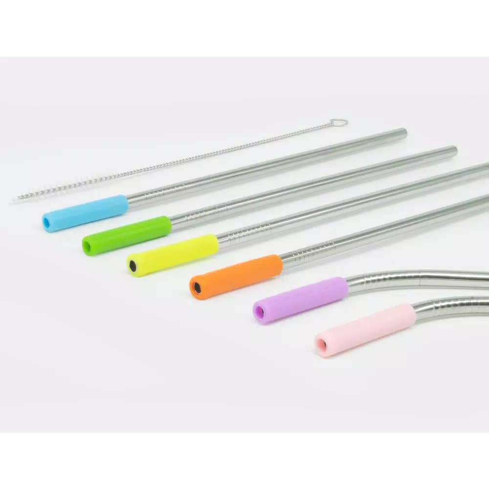 ExcelSteel 14-Piece Stainless Steel Reusable Straw Set with Pastel Silicone Tips - 8 Straight & 4 Curved