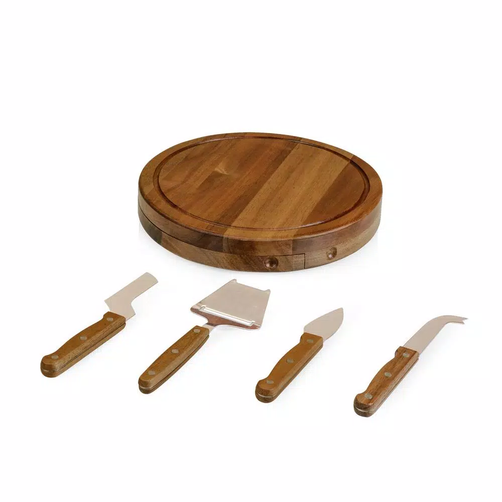 TOSCANA Acacia Circo Round Cheese Board and 4-Piece Stainless Steel Tool Set