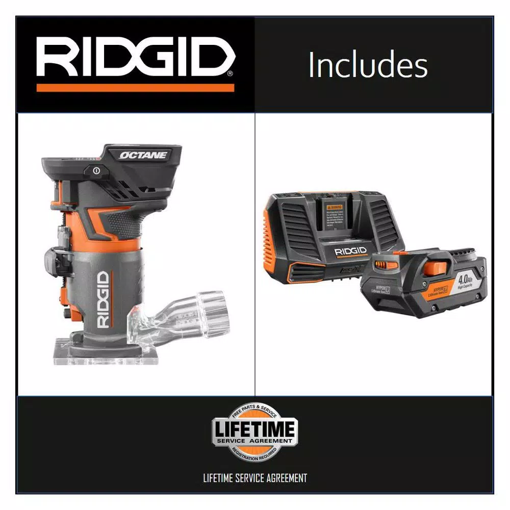 RIDGID 18V OCTANE Brushless Compact Fixed Base Router Kit with 4.0 Ah Battery and Charger