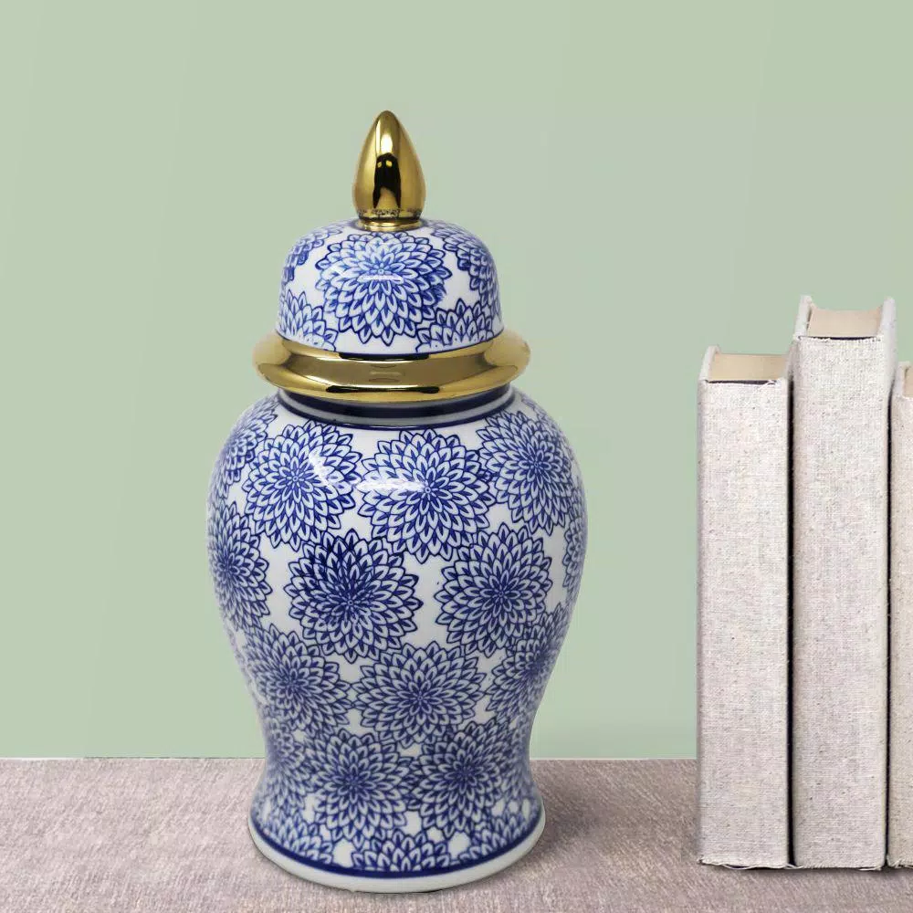 Benjara Blue and White Ceramic Temple Jar with Dahlia Flower Design and Gold Accents