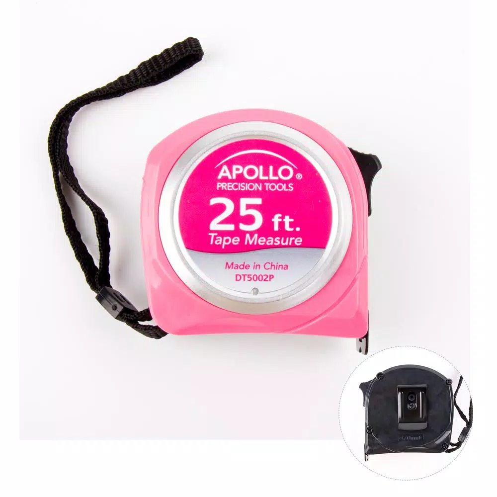 Apollo Tools 25.5 ft. Tape Measure, Pink Nylon-Coated Steel Blade with Belt Clip
