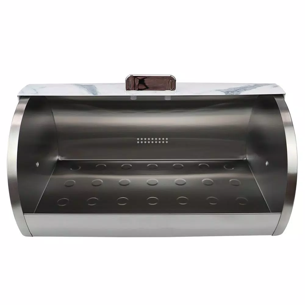 Unbranded White Marble Pattern Steel Bread Box with Roll Top Lid