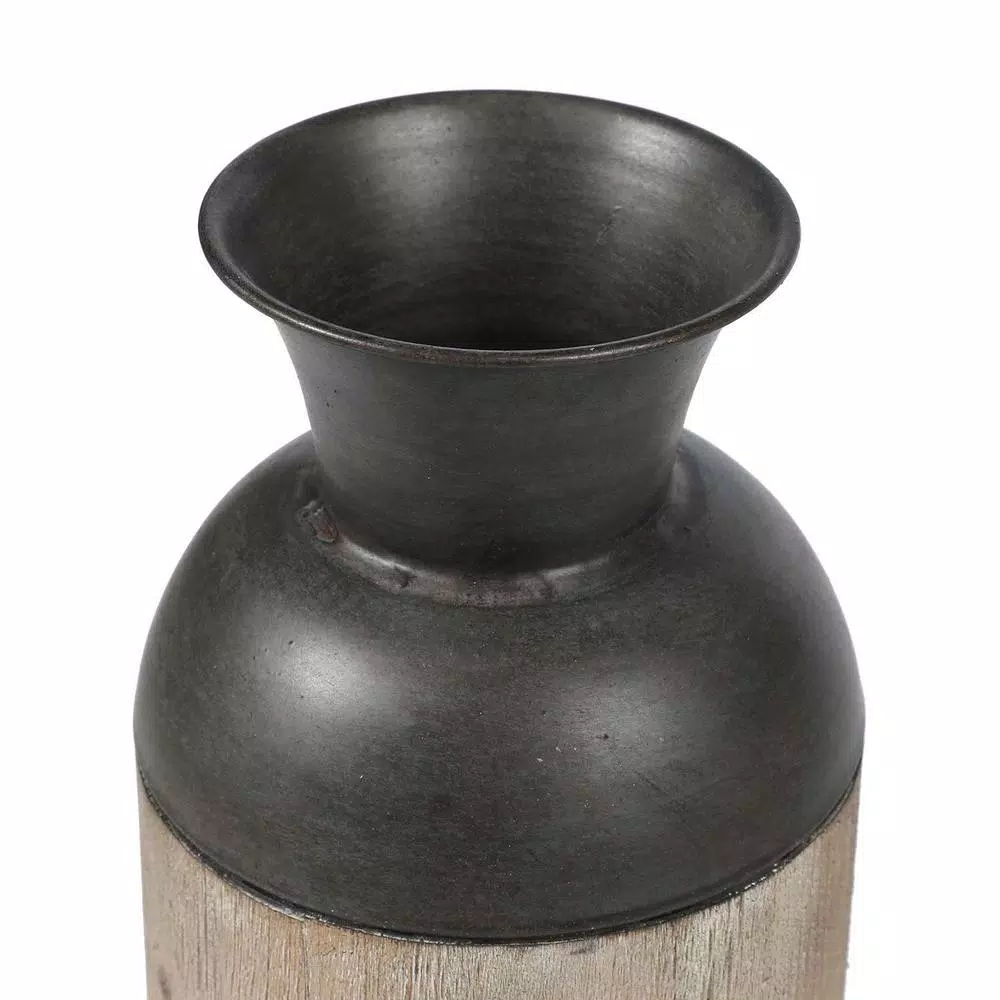 Winsome House 2-Piece Handcrafted Iron and Wood Vase Set, Rustic Dark Brown and Natural Wood Table Vases