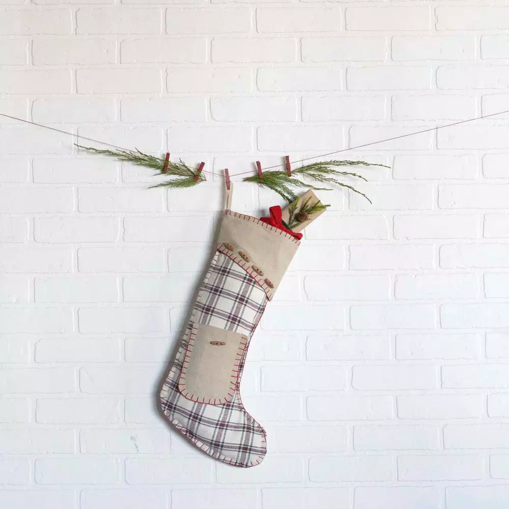 VHC Brands 20 in. Amory Ivory and Plaid Cotton Farmhouse Christmas Stocking with Pocket