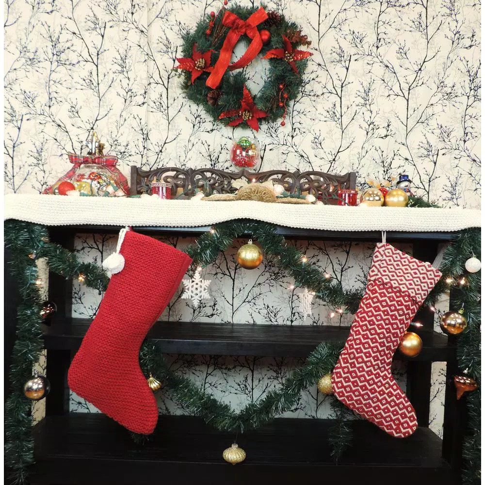 LR Home 20 in. Red and White Chevron Cotton Christmas Stocking with Pom Pom