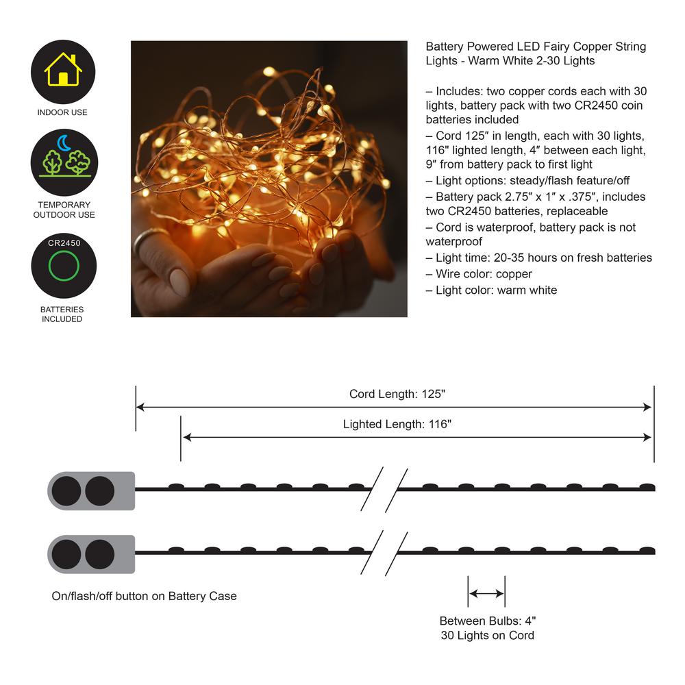 LUMABASE Warm White Micro LED Copper String Lights, Battery Operated, 30-Light, 2-Count Pack