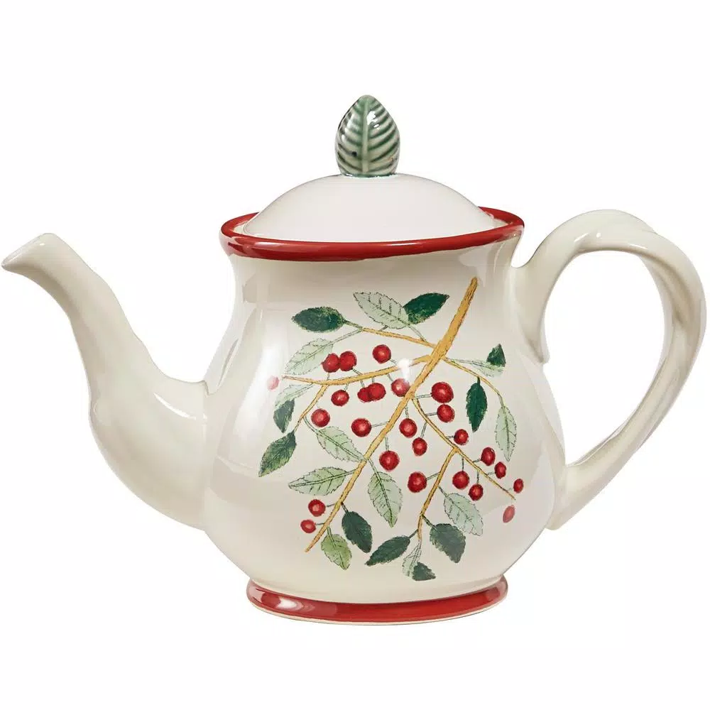 Park Designs Simply Holly Ceramic Teapot with Lid, 4-Cup Stoneware Beverage Serveware