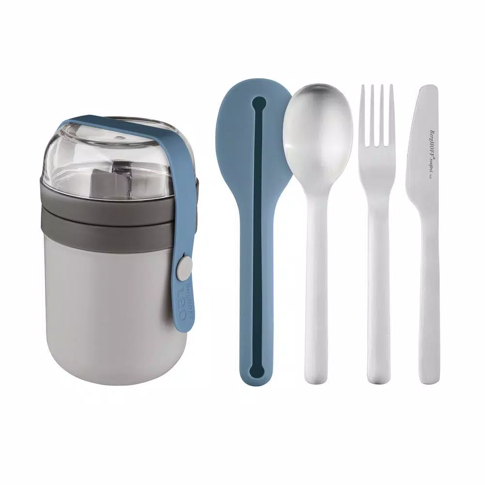 BergHOFF Leo Dual Lunch Box and 3-Piece Stainless Steel Flatware Set - Grey and Blue