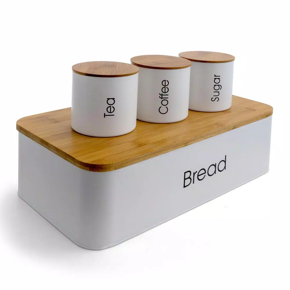 MegaChef 5-Piece Metal Kitchen Canister Set with Bamboo Lids and Bread Box