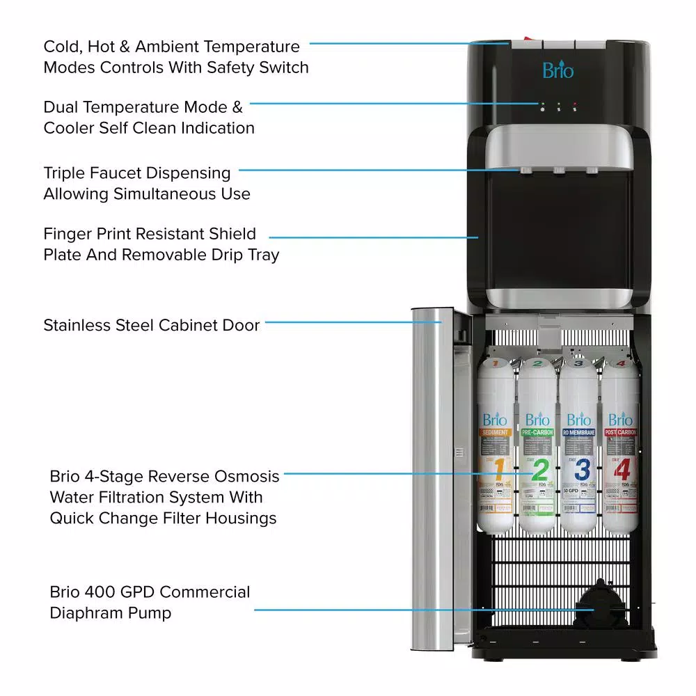 Brio Essential Series Bottleless Water Cooler, Tri-Temp Reverse Osmosis Filtration, Black & Stainless Steel