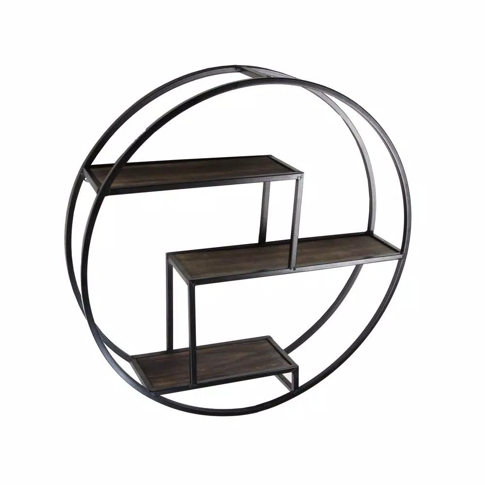 Admired By Nature 23 in. Black Round 3-Tier Iron and Wood Wall-Mounted Floating Shelves