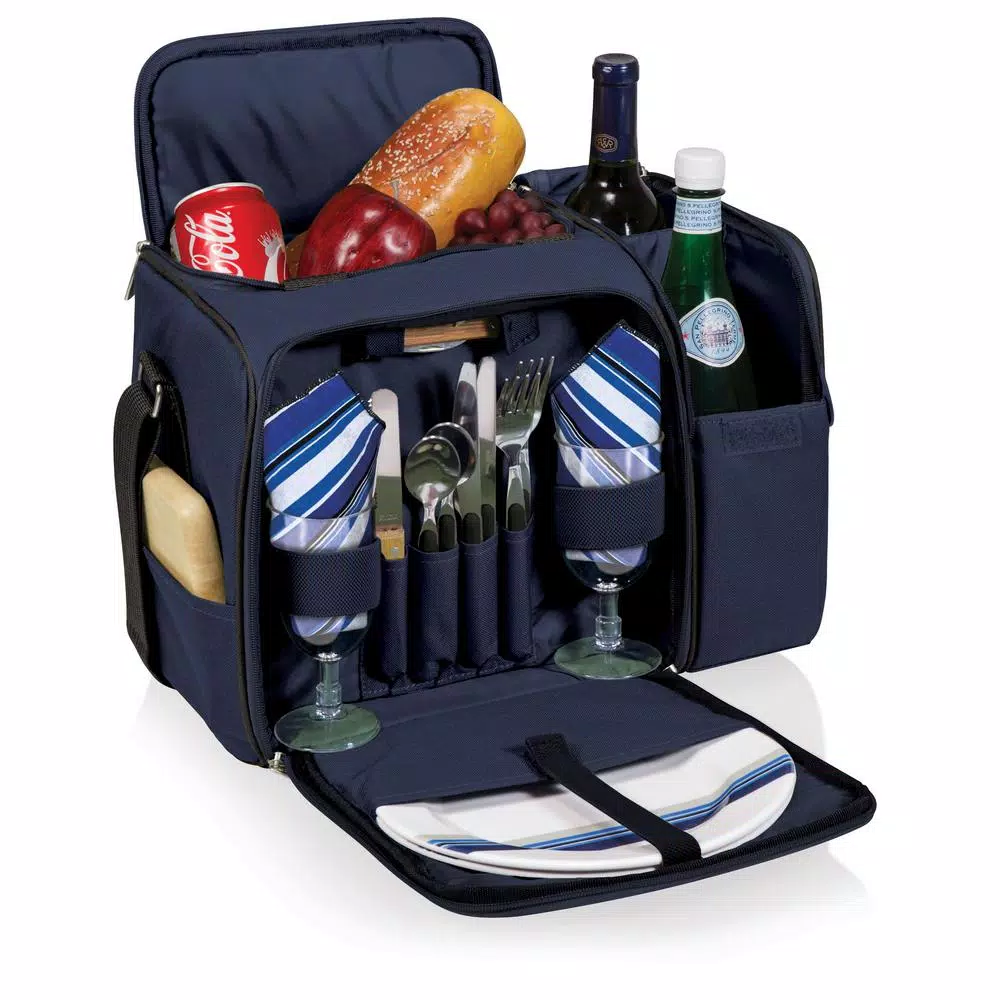Picnic Time Malibu Navy Wood Picnic Cooler Tote - Insulated Soft-Side Cooler with Deluxe Picnic Service for Two