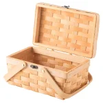 Vintiquewise Small Handwoven Woodchip Picnic Basket with Lid and Folding Handles, Brown thumbnail 3