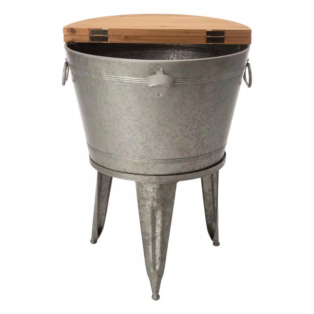 Glitzhome 26.29 in. Gray Galvanized Metal Beverage Tub with Firwood Lid and Metal Stand