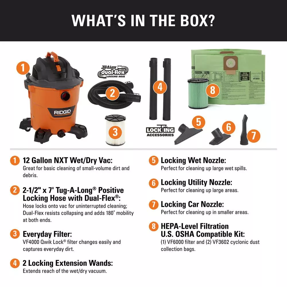 RIDGID 12 Gal. NXT 5.0 Peak HP Wet/Dry Shop Vacuum with HEPA/OSHA Filtration Kit