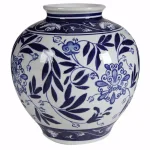 Benjara White and Blue Floral Ceramic Pot Shaped Table Vase thumbnail 1