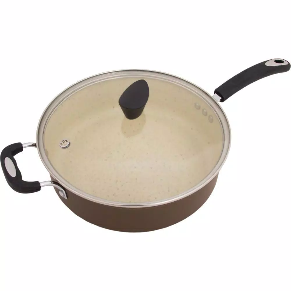 Ozeri Stone Earth 5.3 Qt. Aluminum Ceramic Nonstick Sauce Pan with Glass Lid, Coconut Brown