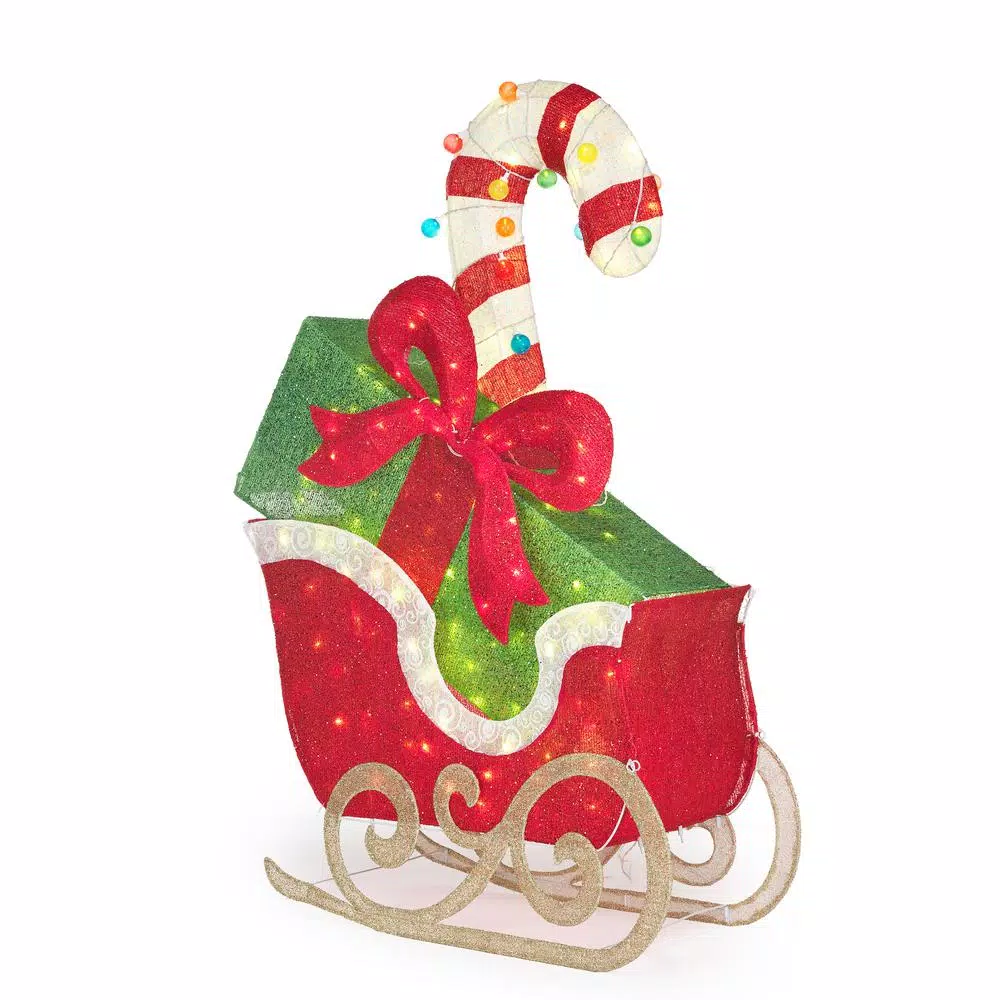 Home Accents Holiday 61 in. LED Sleigh with Presents Yard Decoration, Cool White Lights