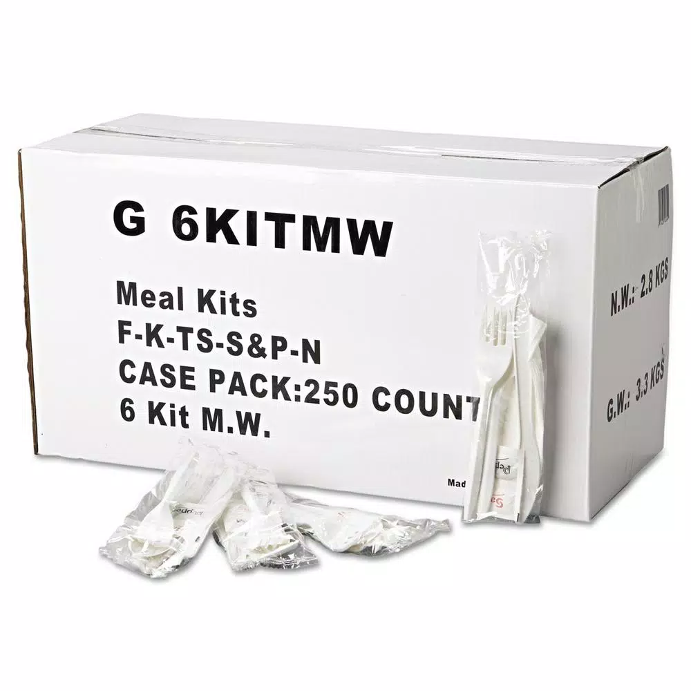 GEN White Plastic Wrapped Cutlery Kit with Napkin, Salt & Pepper - 250 Count