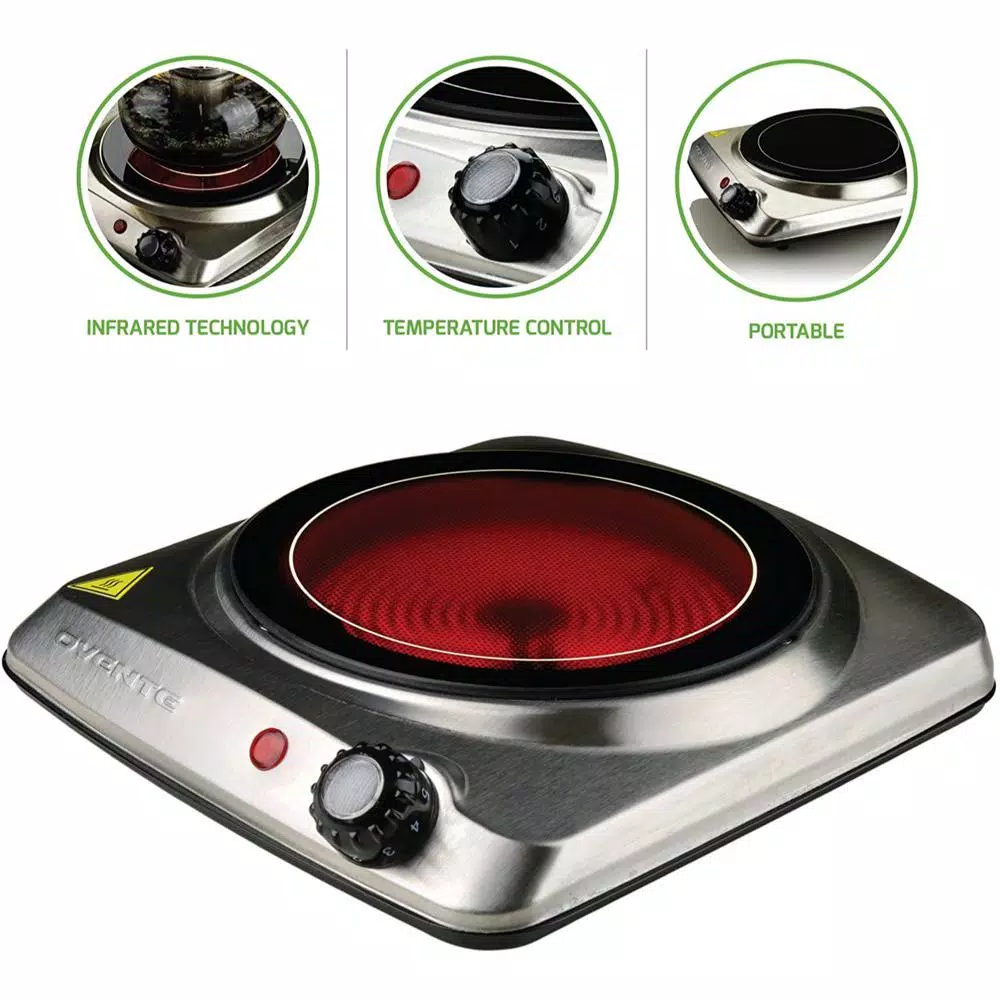 Ovente 1000W Single Hot Plate Electric Infrared Glass Cooktop Burner, 7 in., Silver
