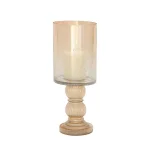LITTON LANE Gold-Tinged Glass Cylinder Hurricane Candle Holder with Fluted Stacked Ball Post thumbnail 2