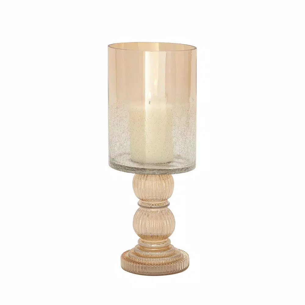 LITTON LANE Gold-Tinged Glass Cylinder Hurricane Candle Holder with Fluted Stacked Ball Post