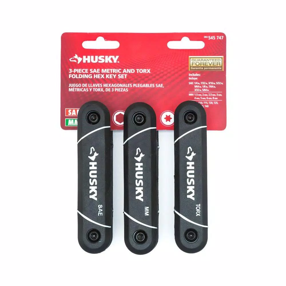 Husky 3-Piece Folding Hex and Torx Key Set, SAE, Metric, and Torx