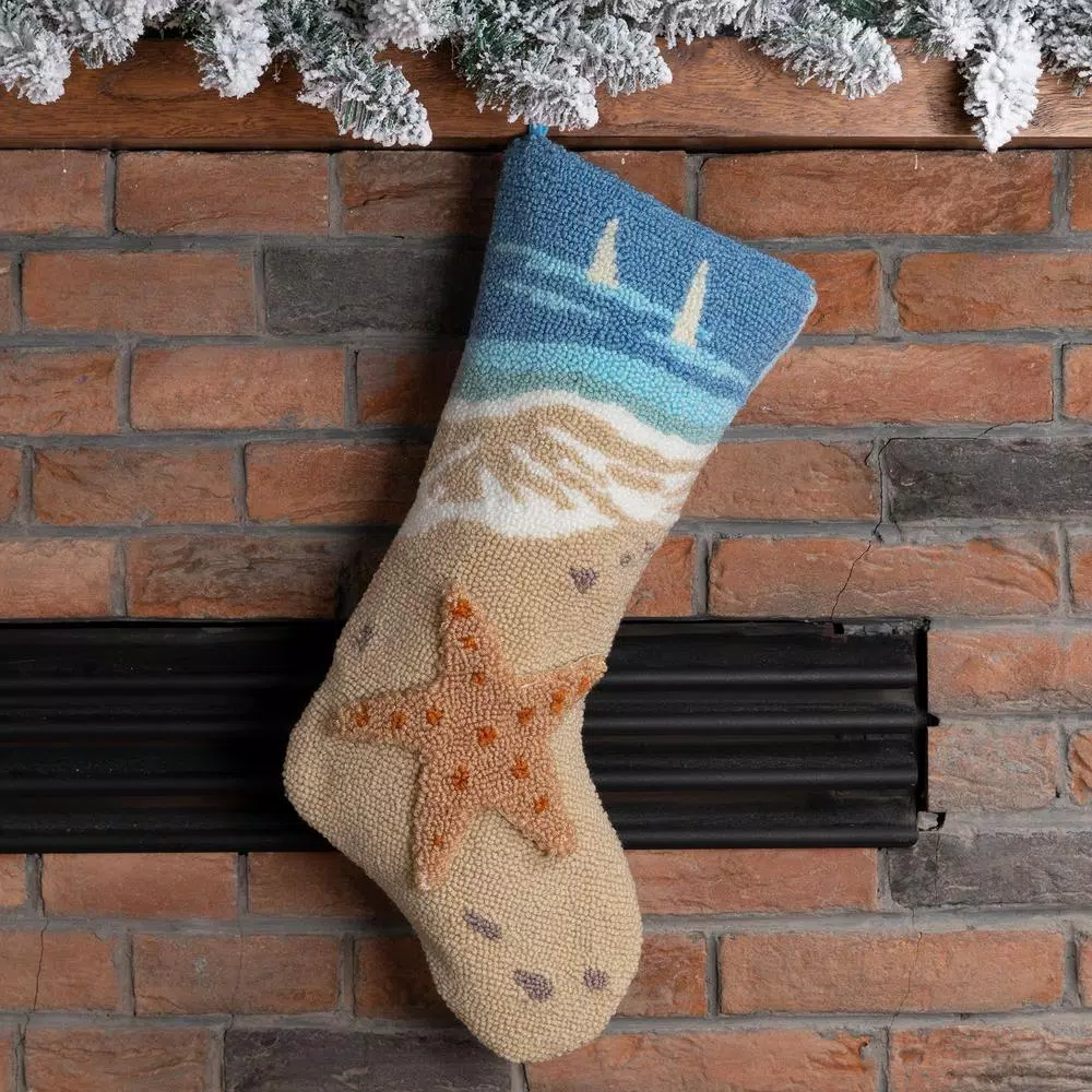 Glitzhome 19 in. Hooked Starfish Christmas Stocking, Nautical Blue Ocean Theme