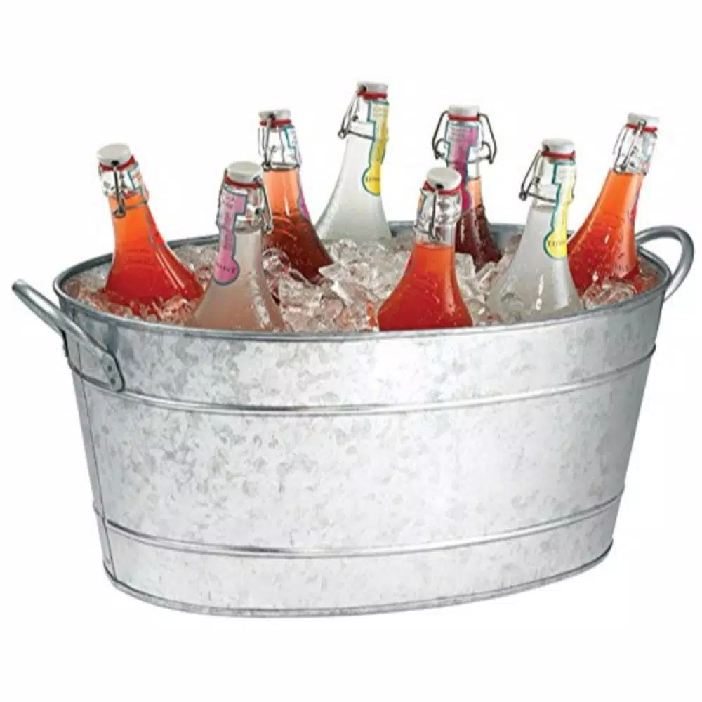Benzara Galvanized Steel Beverage Tub with Handles, 29.5 Qt Oval Ice Bucket