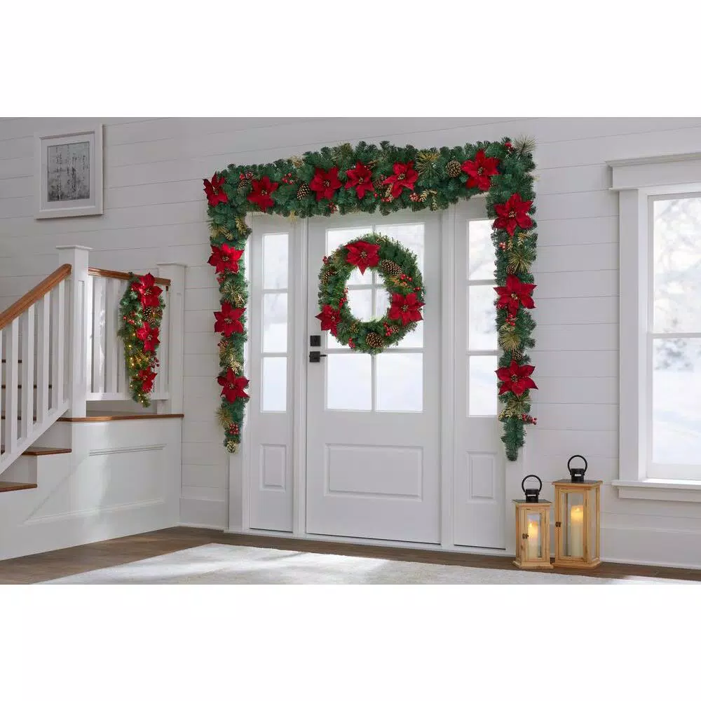 Home Accents Holiday Home Holiday Accents 17 ft. Burgundy Poinsettia Mixed Pine Garland with Berries and Gold Glitter Cedar