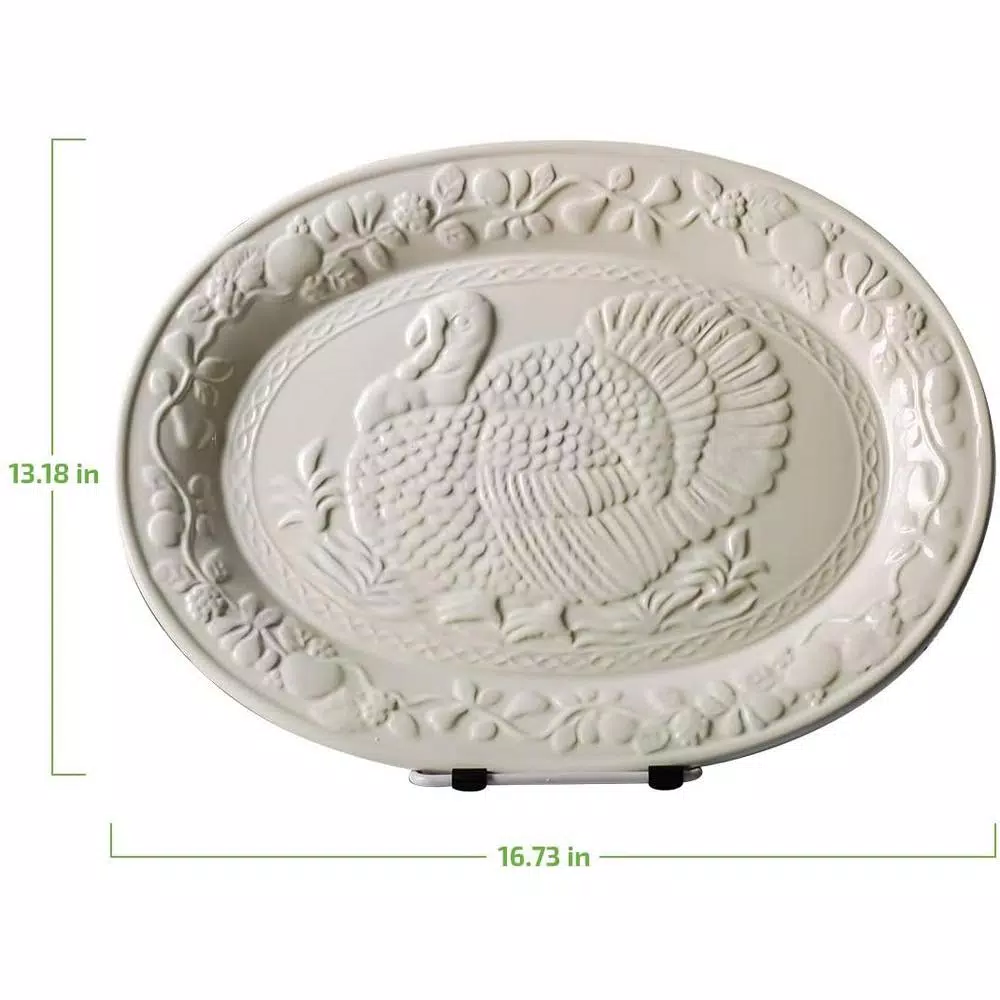 Ovente 13.4 in. White Ceramic Turkey Serving Platter, Oval Holiday Platter