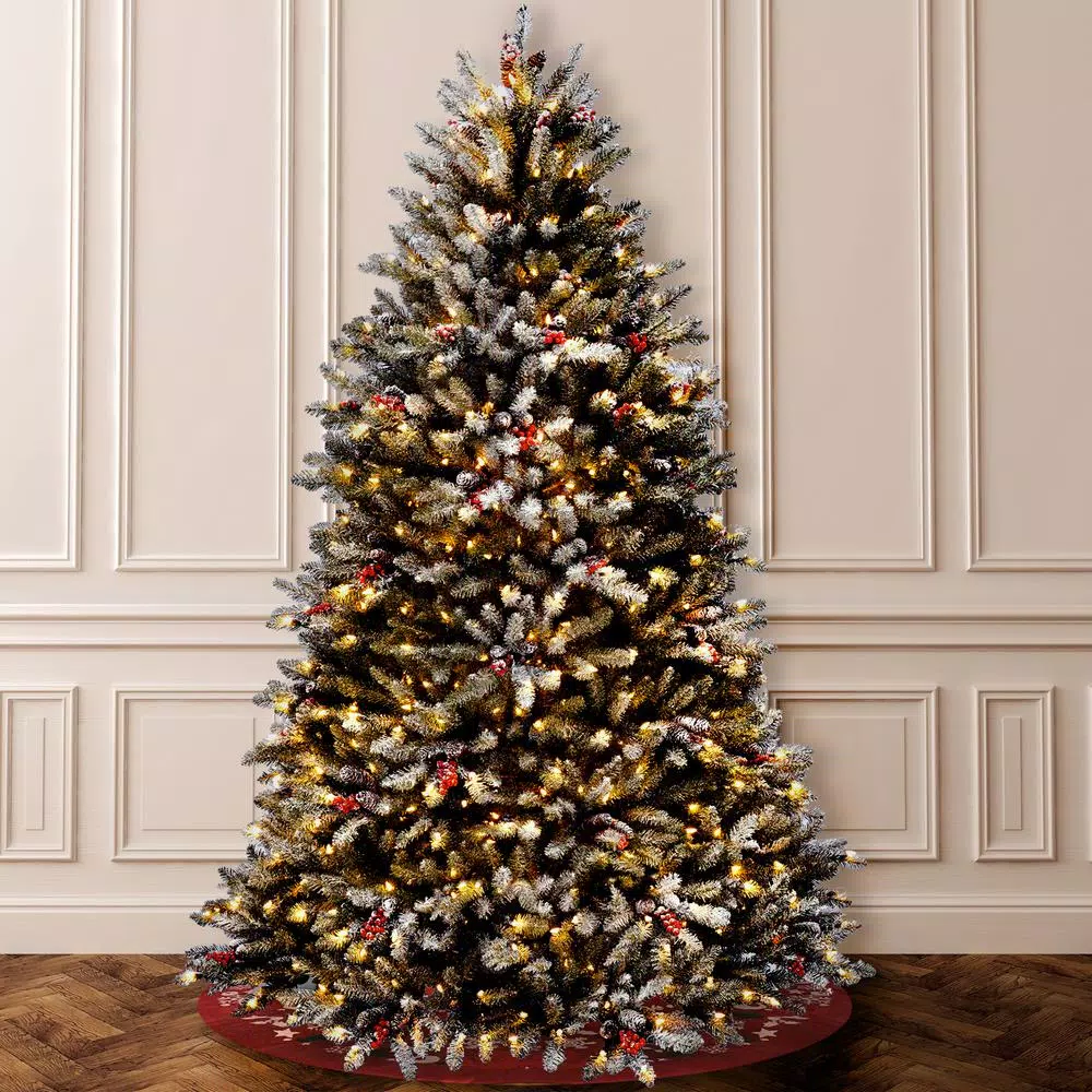 National Tree Company 7 ft. Dunhill Fir Pre-Decorated Artificial Christmas Tree with Snow, Red Berries, Cones and 700 Clear Lights