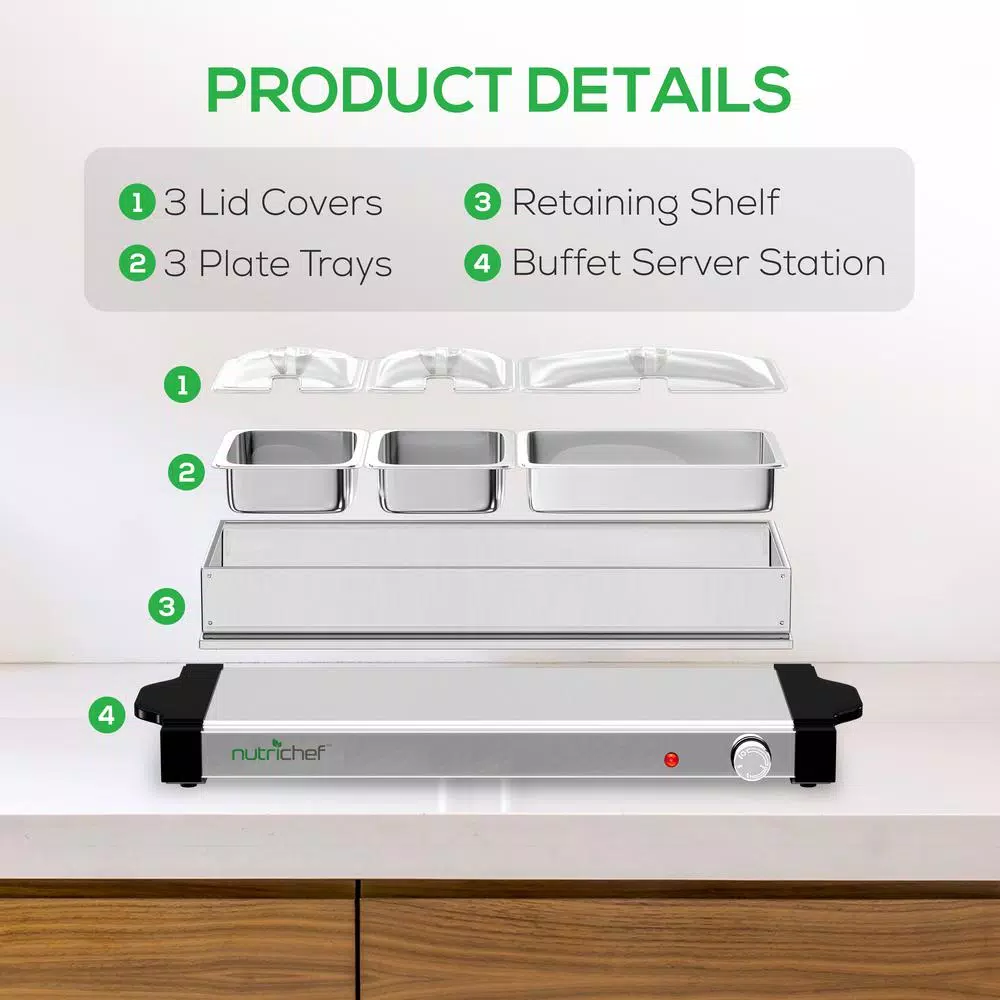 NutriChef 27.6 in. 3-Burner Stainless Steel Electric Buffet Server Food Warming Tray