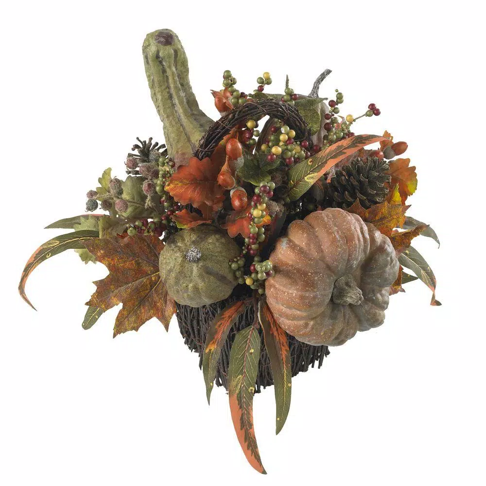Nearly Natural 15 in. Fall Pumpkin and Berry Artificial Table Arrangement, Rustic Farmhouse Decor