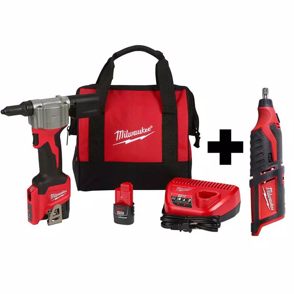 Milwaukee M12 Cordless Rivet Tool Kit with (2) 1.5 Ah Batteries, Charger, and M12 Rotary Tool