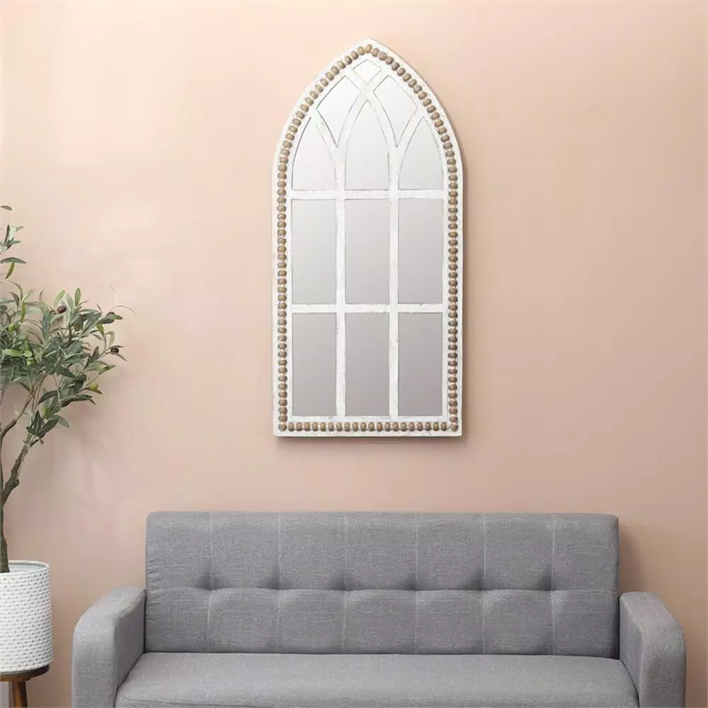 Luxen Home Modern White Arched Cathedral Wall Mirror with Distressed Wood Frame, 39.4 x 18.9 in.