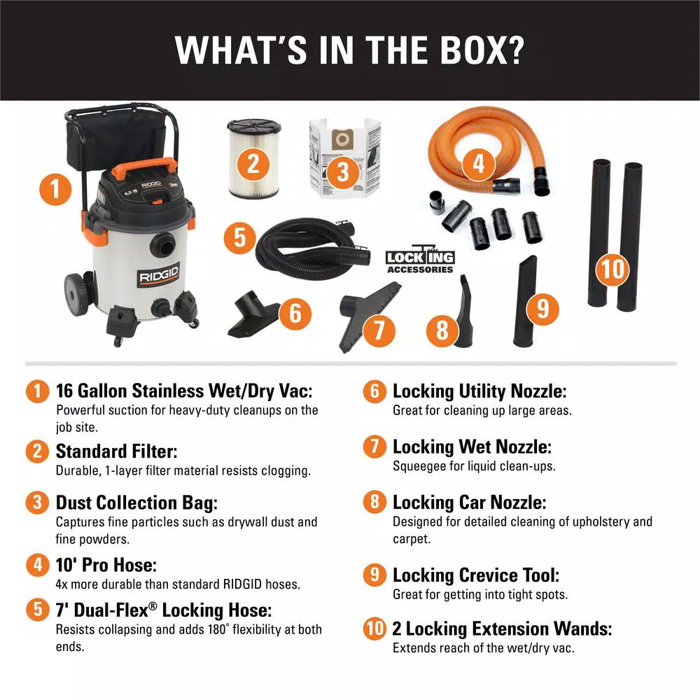 RIDGID 16 Gal. 6.5 Peak HP Stainless Steel Wet/Dry Shop Vac with 10 ft. Pro Hose and Locking Accessories