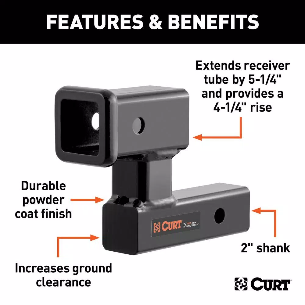 CURT 2" Receiver Raised Hitch Extension Adapter, 4-1/4" Rise, 5-1/4" Extension, 350 lbs Tongue Weight